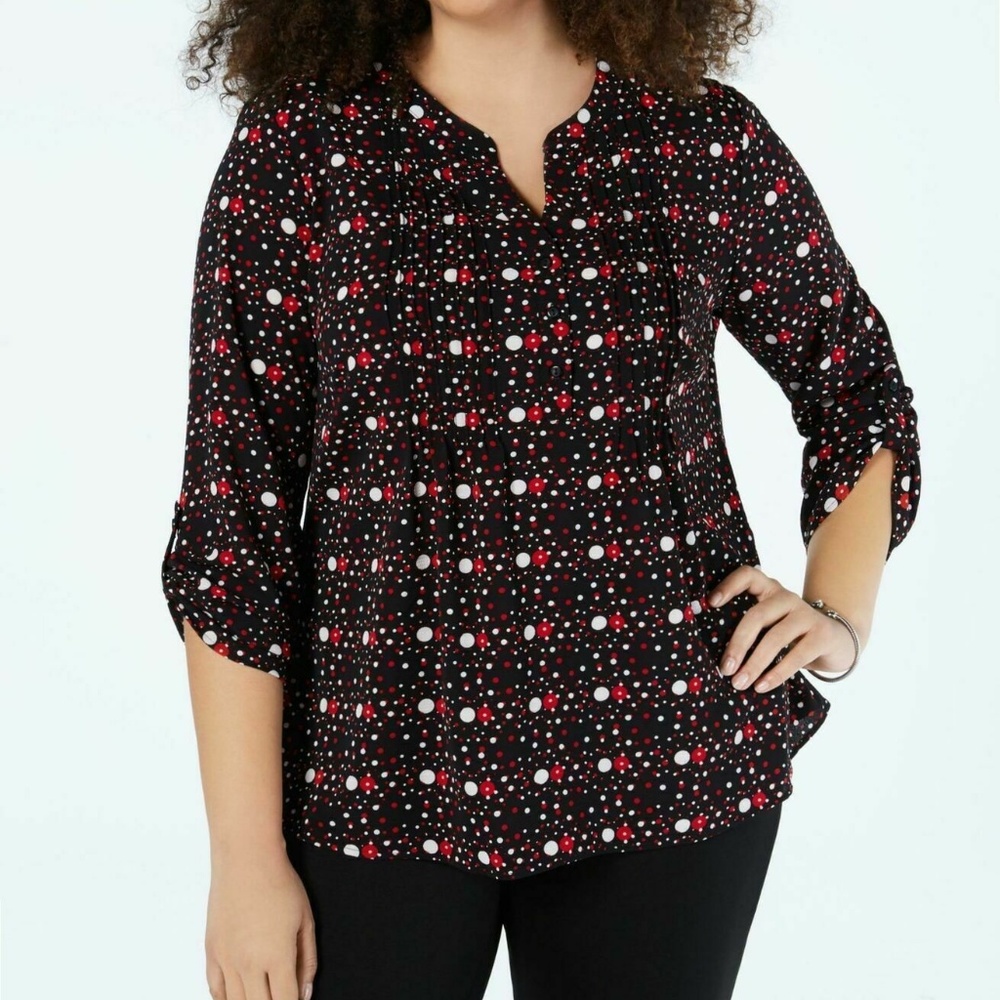 NY Collection 1X Black Henley Top Pin Tuck 5AK50